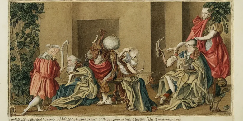 Prompt: judge in judge's wig is making a haircut to another judge with a wig, by maria sibylla merian