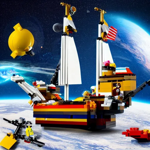 Image similar to lego scene of a pirate ship in space, photo realistic hd