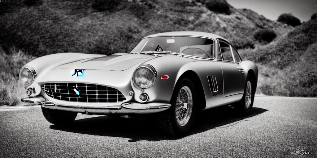 Image similar to photograph, 1958 FERRARI 250 GT, by Peter Singhof, press release, cinematic, PCH, california coast, 8k, depth of field, bokeh.