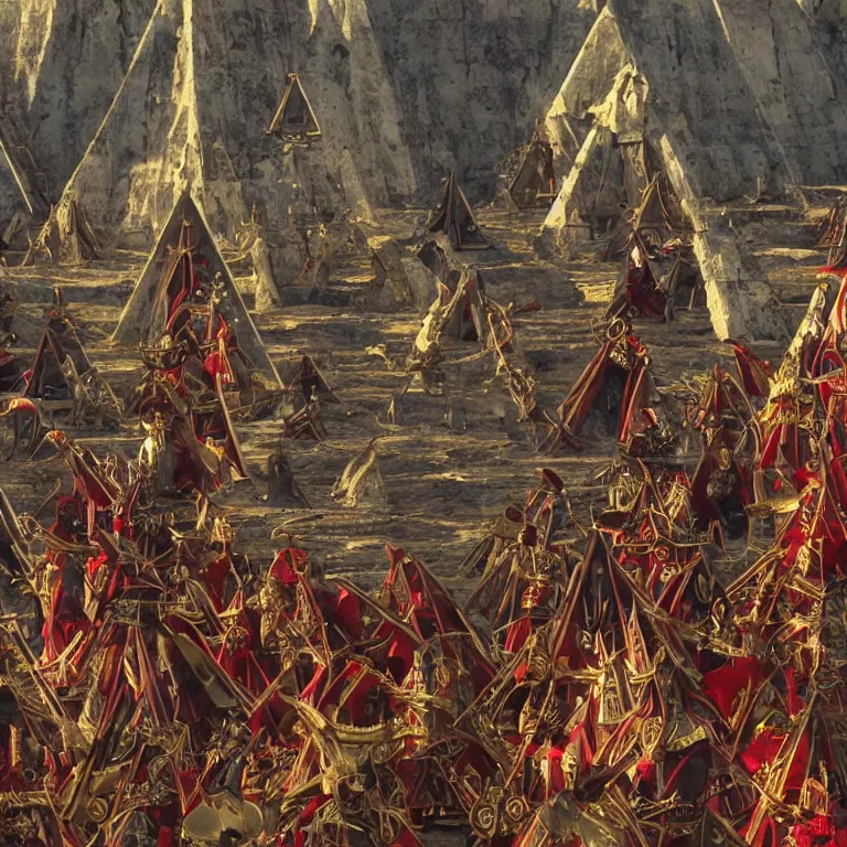 Prompt: pov of members of esoteric cult sacrificing humans next to inverted pyramids, 8mm hyper realistic and detailed, wear heavy red ornemental costumes and elongate gold masks and jewels