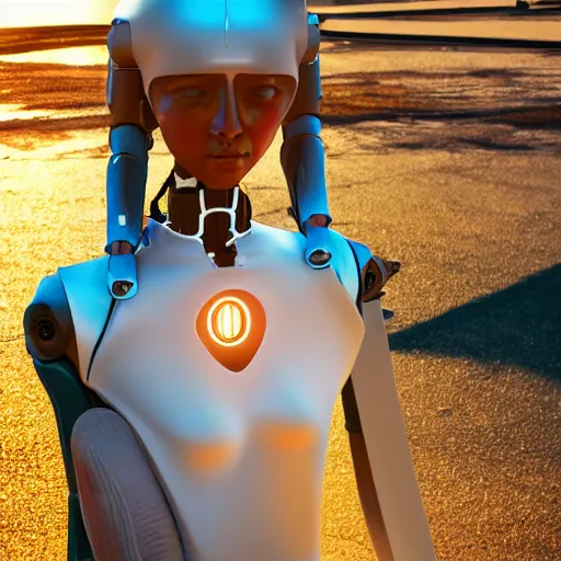 Prompt: beautiful Fine art photography of a solarpunk part robot part human girl with real human face and shoulders, white background, highly detailed, medium shot, photorealism, sunset lighting 8k