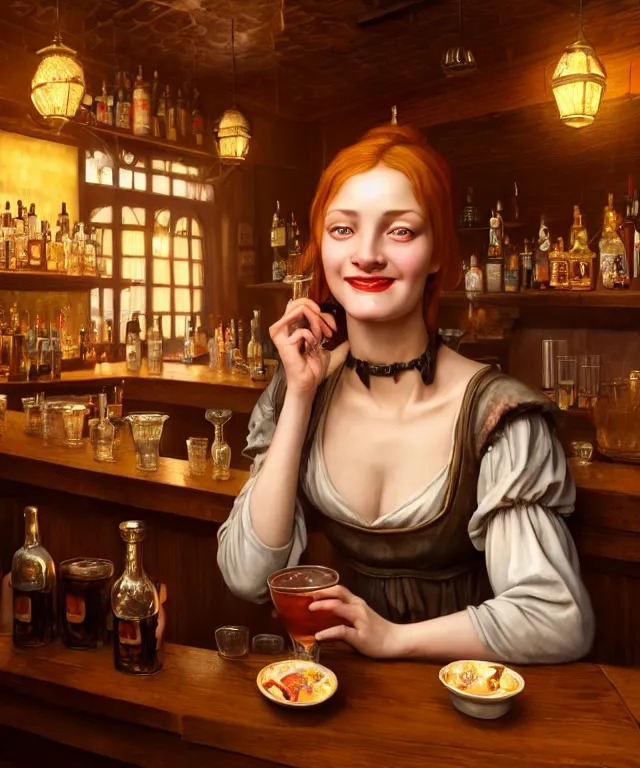 Image similar to hyperrealistic mixed media painting of a beautiful smiling charismatic barmaid, dimly lit cozy tavern, relaxed pose, serving customers at bar, medieval period, stunning 3d render inspired art by Gerald Brom and Anna Dittmann + perfect facial symmetry + dim volumetric lighting, 8k octane beautifully detailed render, post-processing, extremely hyperdetailed, intricate, epic composition, grim yet sparkling atmosphere, cinematic lighting + masterpiece, trending on artstation, very very detailed, masterpiece, stunning