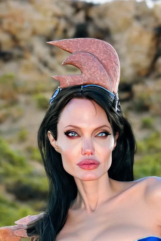 Image similar to close up headshot of angelina jolie as Nico Robin from One Piece standing on a beach, cosplay, photograph by Alexandra Nataf