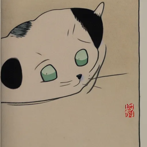 Prompt: the first ever interaction between a cat an human by tsuguharu foujita