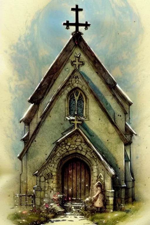 Prompt: (((((1950s fairy tale church . muted colors.))))) by Jean-Baptiste Monge !!!!!!!!!!!!!!!!!!!!!!!!!!!