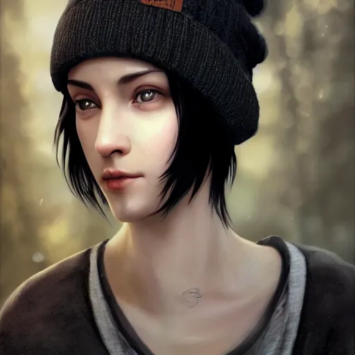 Image similar to a black haired girl wearing a beanie, digital art, 8 k resolution, unreal engine, highly detailed, pretty face, very beautiful face, very detailed eyes, photorealistic by wlop, greg rutkowski