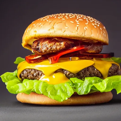 Prompt: close ups photo of a delicious cheeseburger with lots of toppings, studio lighting 1 0 0 mm photograph