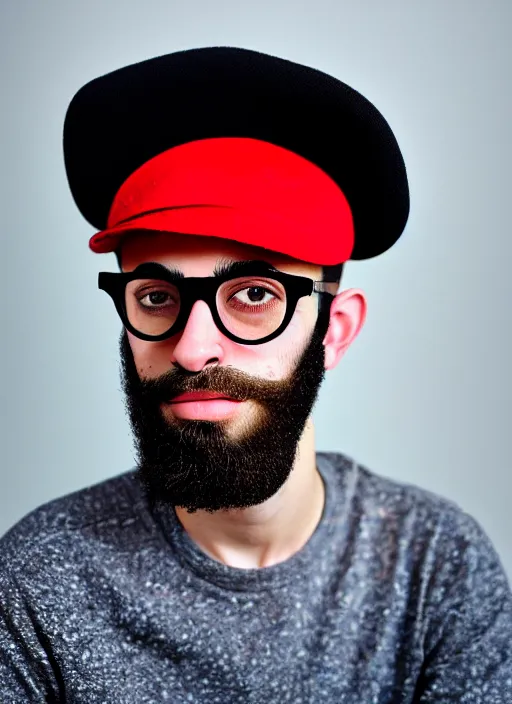 Prompt: kodak portra 4 0 0, 8 k, highly detailed, britt marling style, color studio - portrait of a handsome cute 2 0 year old ducktail bearded middle eastern american male with black wayfarer glasses and red baseball hat, black hair, muted colors, up face with 1 9 2 0's hairstyle and cloth style, asymmetrical, hasselblad