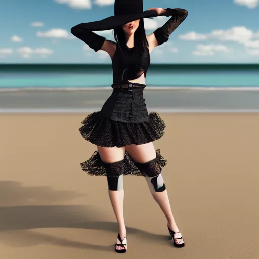 Prompt: unreal engine ue 4 high detail render of a well developed goth girl with brunette hair and bangs, a black tube top, a tiny blue skirt, fishnets, and a large black gothic sunhat at the beach disney style 4 k