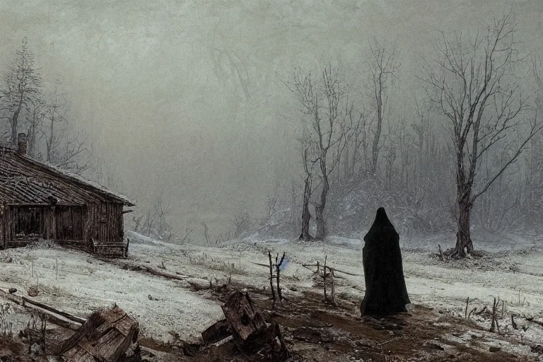 Image similar to A cloaked wanderer walking by the burnt husk of a cabin in a snowy landscape, matte oil painting, fantasy, exquisitely detailed, gothic, by Caspar David Friedrich and Makoto Shinkai