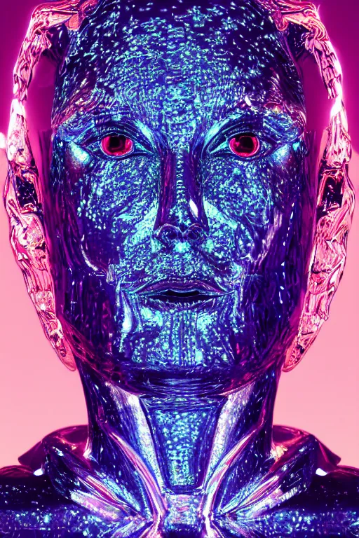 Prompt: hyper detailed ultra sharp portrait of baroque and bladerunner delicate neon diamond sculpture of seductive albino pharaoh kit butler, diamond pink sphinx iridescent humanoid deity wearing metallic hoody made out of hands holding the sun prismatic dungeon, glowing blue face, crown of white diamonds, cinematic lighting, photorealistic, octane render 8 k depth of field 3 d