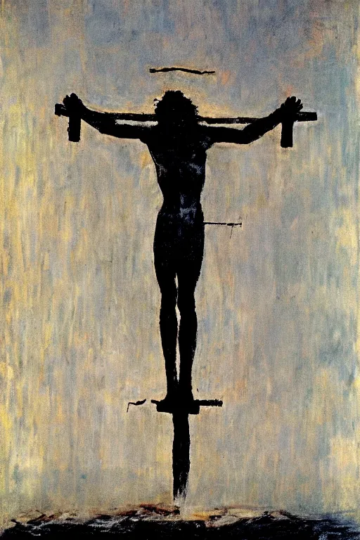 Prompt: bloody christ crucified and the light of god in the sky painted by cy twombly and andy warhol