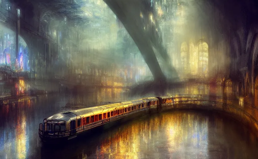 Image similar to an urban train rides inside of a waterway on a fantasy city. by artstation trending, by joseph mallord william turner, luis royo, konstantin razumov, cinematic lighting, fractal flame, highly detailed