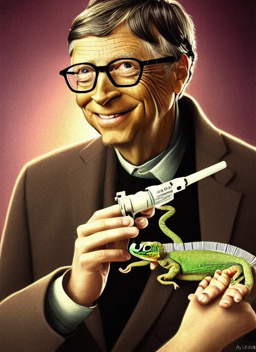 Prompt: bill gates as a lizard reptile!!!, holding a syringe, portrait, intricate, elegant, highly detailed, digital painting, artstation, concept art, wallpaper, smooth, sharp focus, illustration, art by h. r. giger and artgerm and greg rutkowski and alphonse mucha