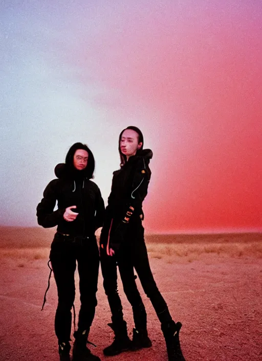 Image similar to cinestill 5 0 d photographic portrait of two loving female androids wearing rugged black techwear on a desolate plain with a red sky, extreme closeup, lizard on ground, cyberpunk style, in front of a brutalist dark metal facility, dust storm, 3 5 mm, hd, high resolution, 8 k, f / 3 2, ultra realistic faces