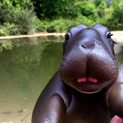 Prompt: A happy pygmy hippo taking a selfie