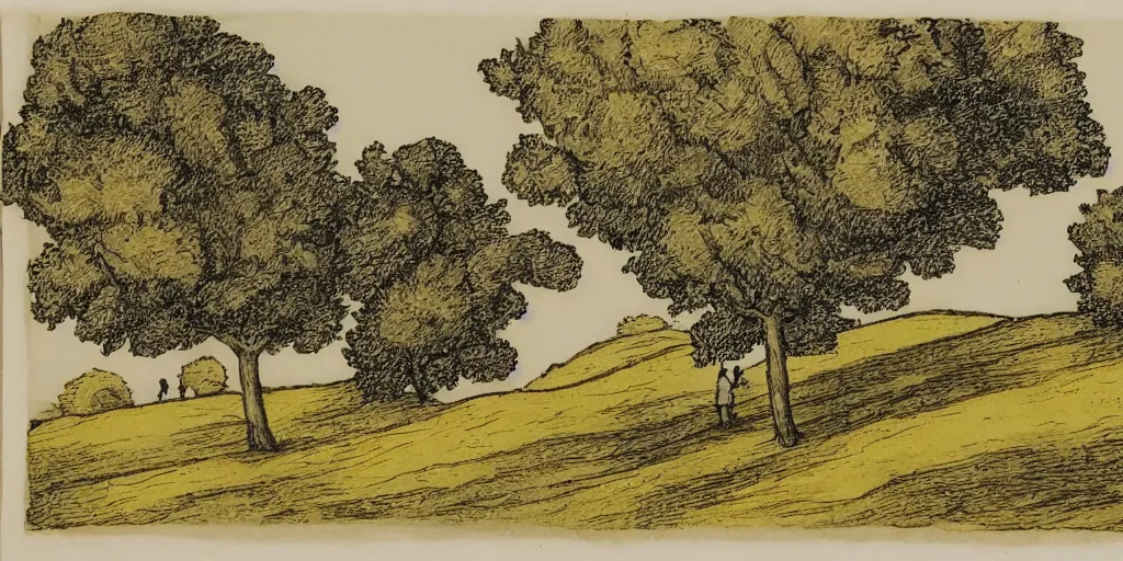 Prompt: a couple sits on a hill together as wind blows trees around, yellowed paper, pen and ink, 1 5 0 0 s, 8 k resolution