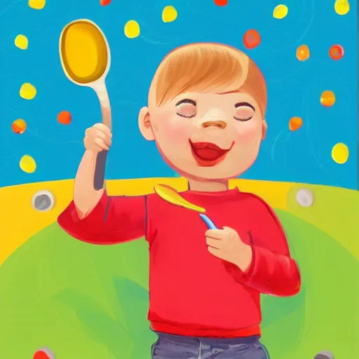 Image similar to happy boy holding a spoon on his nose, illustration,, high detail, cheerful colours