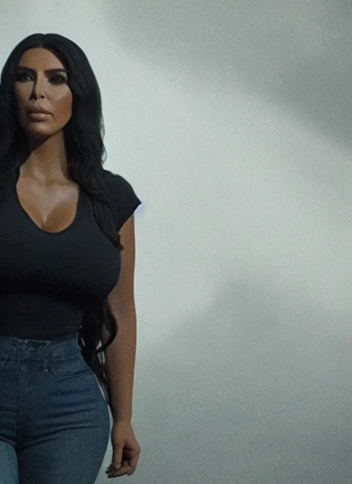 Image similar to film still of kim kardashian as eazy e in straight outta compton, cinematic lighting,