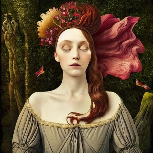 Prompt: a detailed portrait of young woman in renaissance dress and a surreal renaissance headdress, very surreal garden, strange creatures, by christian schloe and botticelli, naotto hattori, amy sol, roger dean, moody colors