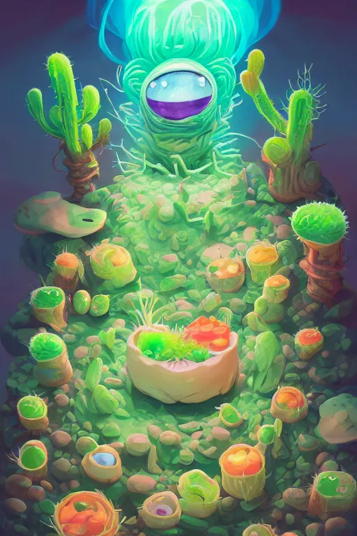 Image similar to roots cactus sushi cristal smurf ghost creature animal sushi cristal very big eye roots cactus elemental flush of force nature micro world fluo fishscale, behance hd by jesper ejsing, by rhads, makoto shinkai and lois van baarle, ilya kuvshinov, rossdraws radiating a glowing aura global illumination ray tracing hdr