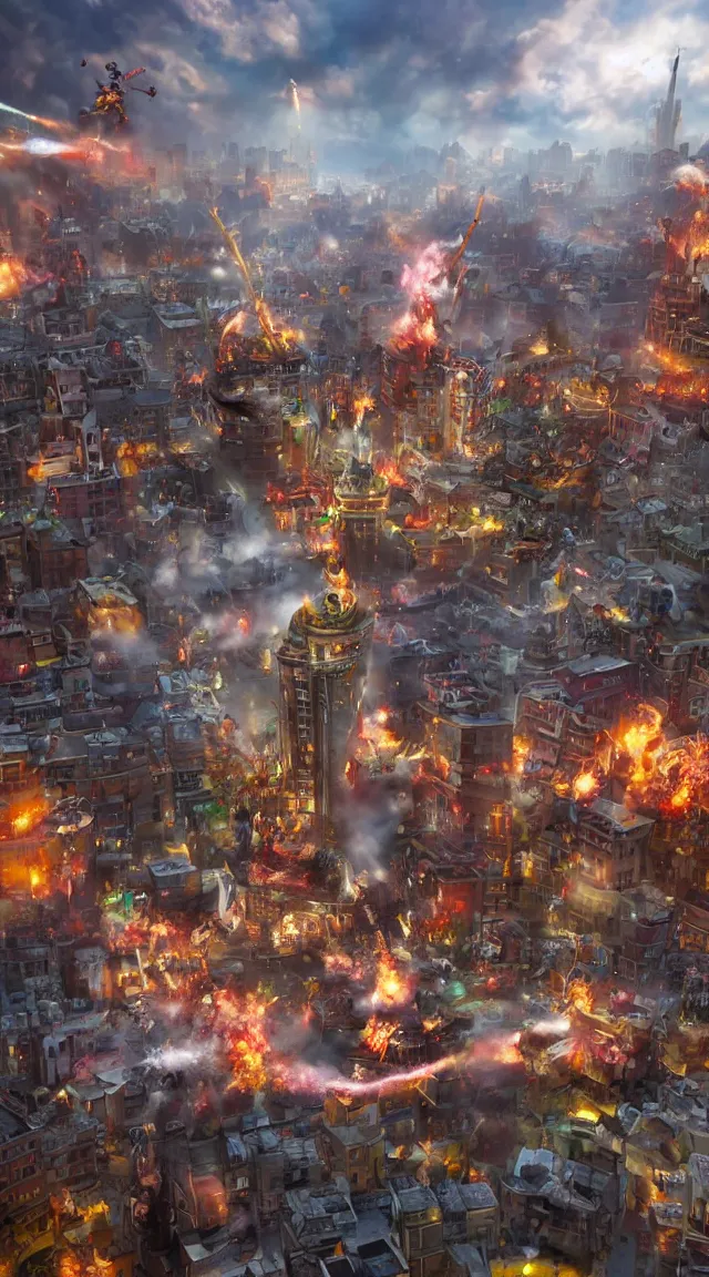 Image similar to hyperrealistic giant toy tin soldier destroying city, stunning, realistic, highly detailed attributes and atmosphere, dim volumetric cinematic lighting, 8 k octane extremely hyper - detailed render, post - processing, masterpiece, sky, art deco buildings, windows, cars, explosion, street view