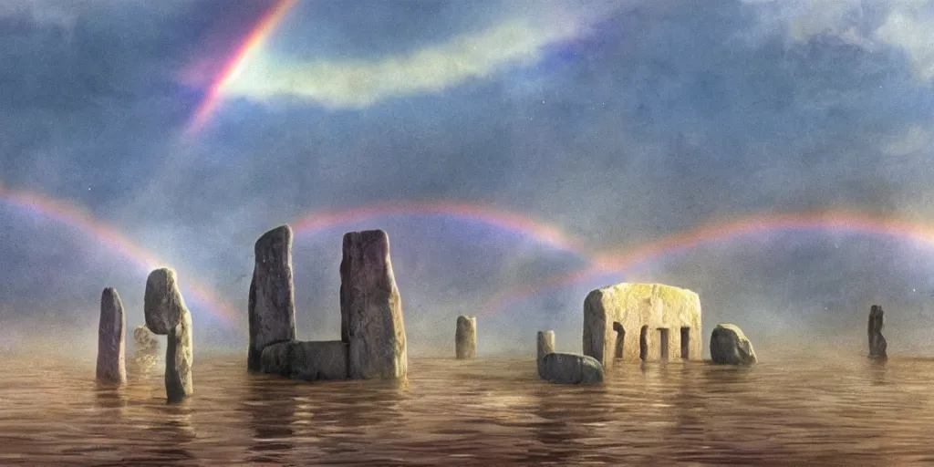 Prompt: a realistic cell - shaded concept art from howl's moving castle ( 2 0 0 4 ) of a rainbow colored cube from close encounters of the third kind ( 1 9 7 7 ) flying over a flooded stonehenge. it is a misty starry night. very dull colors, hd, 4 k, hq