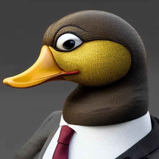 Image similar to a high detail photo of an antropomorphic duck wearing a suit, trending on artstation