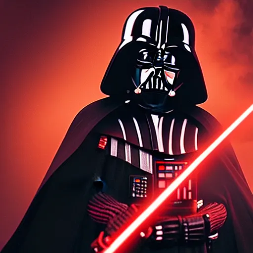 Image similar to Darth Vader with a red lightsabre, destroying his own ship