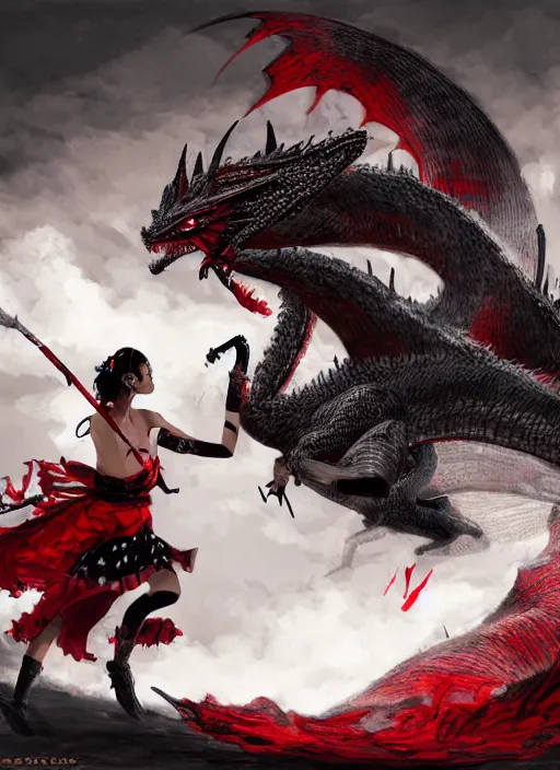 Image similar to maiko fighting a dragon, fluent composition, red white and black, concept art, ambient light, 4 k, intricate details, highly professionally detailed, cgsociety, highly detailed -