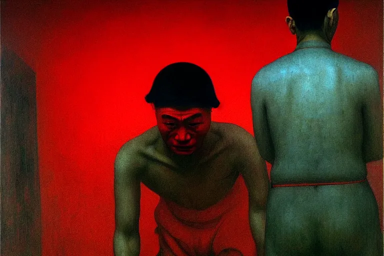 Image similar to a uyghur prisoner, in the style of beksinski, parts by edward hopper, parts by rodcenko, parts by yue minjun, intricate and epic composition, symmetrical, red by caravaggio, insanely quality, highly detailed, masterpiece, red light, artstation, 4 k