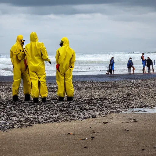 Prompt: Professional Photography, long shot, People in yellow chemical hazmat suits are investigating a huge creepy black creature washed up on the beach.