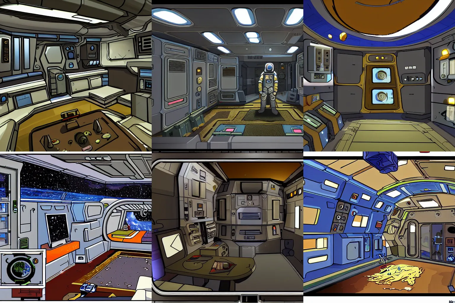 Prompt: inside an officer's living quarters on a spaceship, from a space themed point and click 2D graphic adventure game, made in 2009, high quality graphics