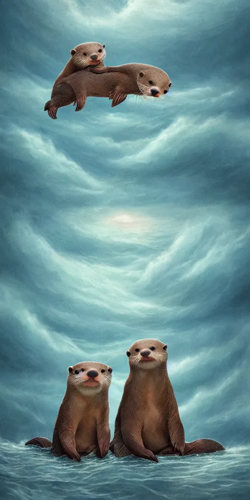 Prompt: two adorable otters falling in love holding hands side by side huddled, all hiding together in the middle of a super scary storm at sea, fantasy illustration, cinematic, award winning, romantic, detailed trending on artstation, masterpiece