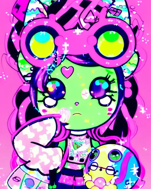 Image similar to cybergoth decora glitchcore yokai girl, sanrio tamagotchi moe ornaments, pastel cute cinematography