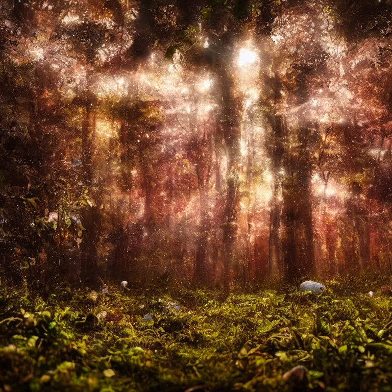 Image similar to a planet of various fungus like trees, mushrooms, flowers and plants, artistic photography, conceptual, long exposure outside the city, volumetric light