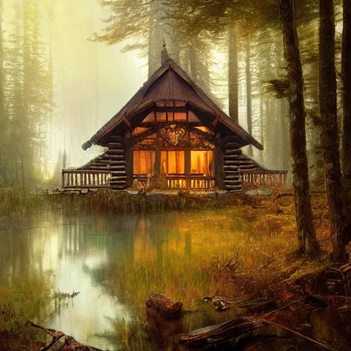 Prompt: a beautifull intricate painting of a log cabin in a dark fantasy forest, reflections, very high details by william turner art, greg rutkowski and alphonse mucha, trending on artstation, very very detailed, masterpiece,