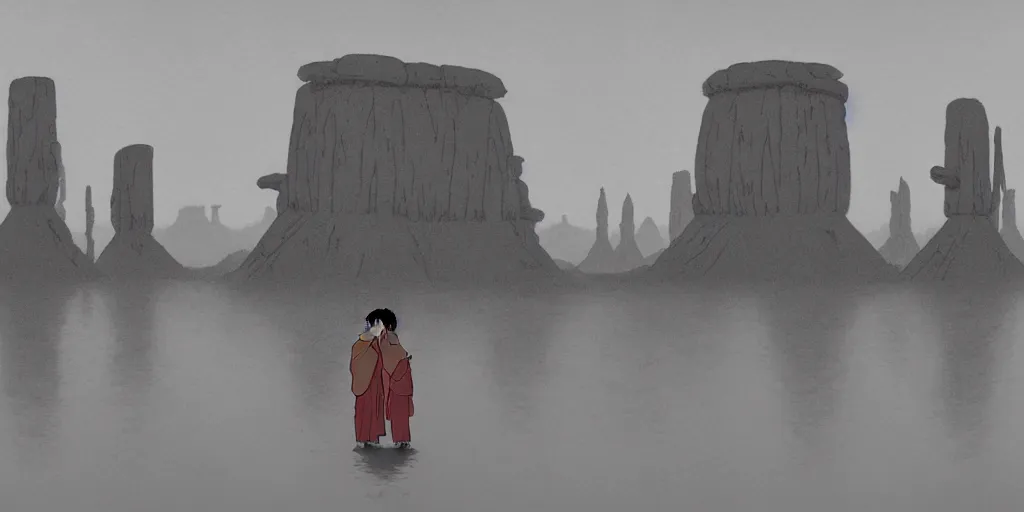 Image similar to a realistic cell - shaded studio ghibli concept art from paprika ( 2 0 0 6 ) of a giant monk meditating and a small witch dancing from close encounters of the third kind ( 1 9 7 7 ) in a flooded monument valley stonehenge. very dull colors, wide shot, hd, 4 k, hq