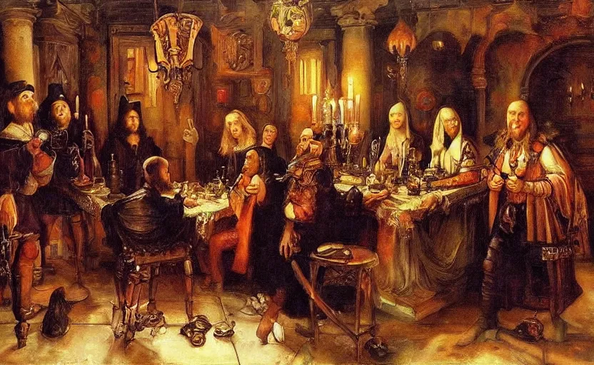 Prompt: The night of the 5 murderous sorcerers, horror scene, highly detailded. By Konstantin Razumov, Rembrandt and Albrecht Dürer