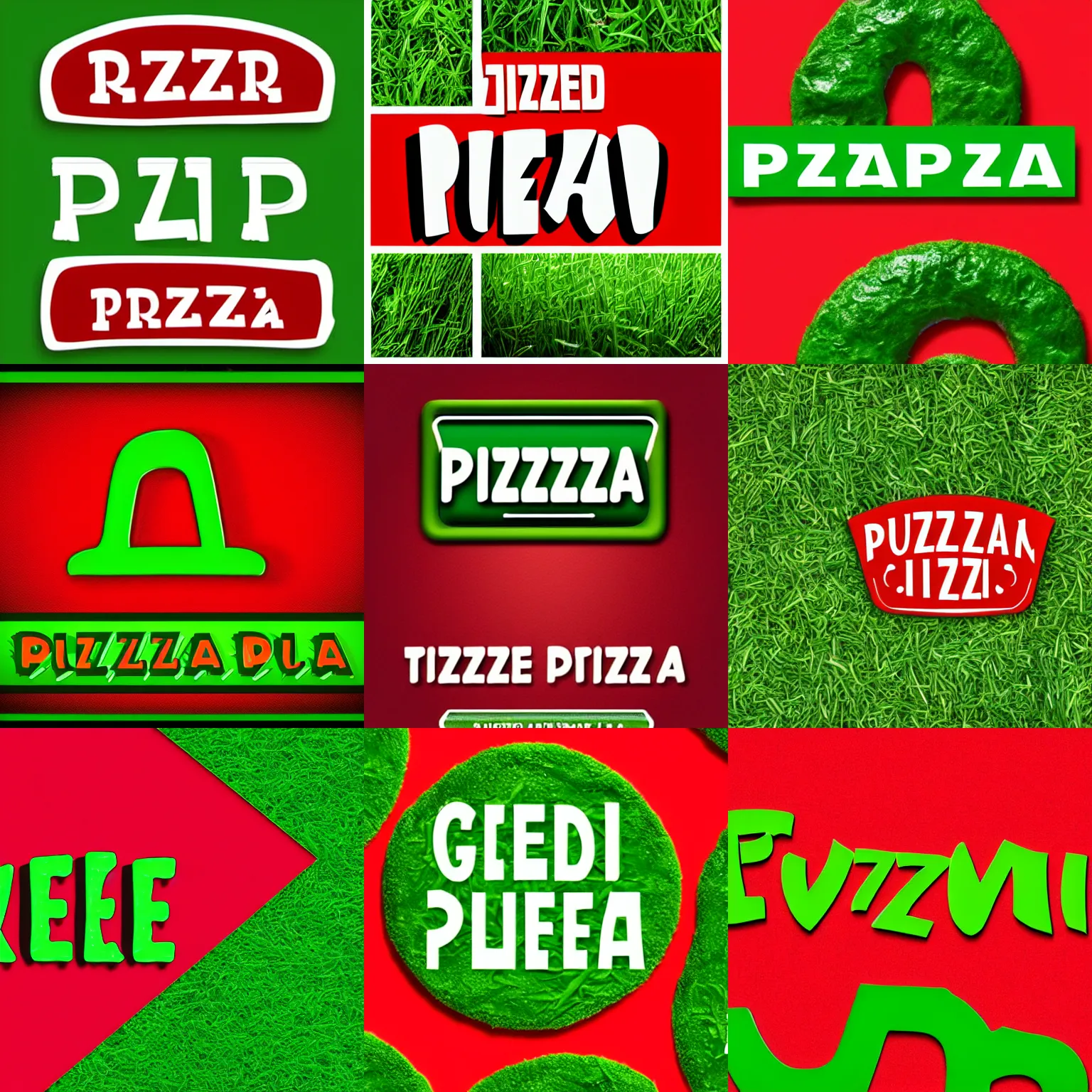 Prompt: red background, a green stylized font text saying pizza, the text font is made out of grass - fiber