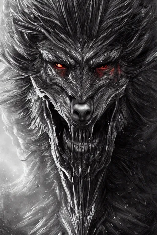 Image similar to realistic portrait of beautifully crystalized and detailed portrait of a werewolf, matte painting of cinematic movie scene red dragon, horror, created by gustave dore and greg rutkowski, high detailed, smooth draw, synthwave neon retro, intricate, realistic proportions, dramatic lighting, trending on artstation.