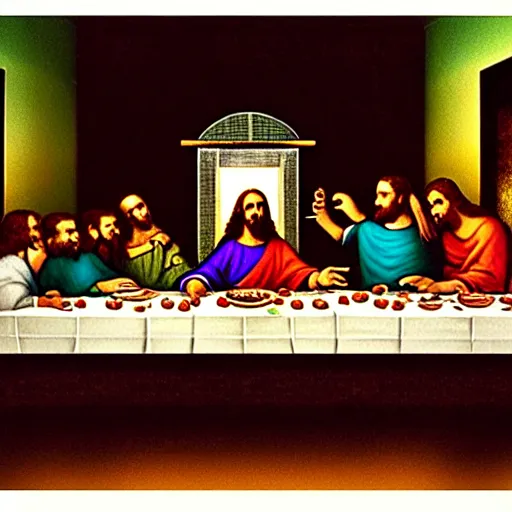 Prompt: a photograph of jesus and his disciples having the last supper at dave and busters restaurant
