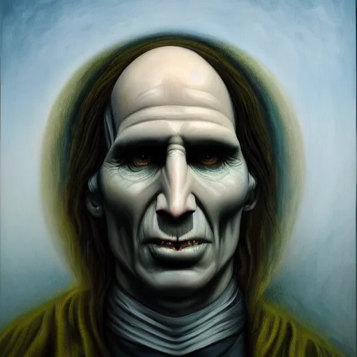 Prompt: A very detailed surreal fantasy oil painting of Lord Voldemort as Jesus Christ by Manjit Bawa, trending on artstation, infrared color scheme.