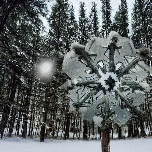 Image similar to snowflake in front of pinetree forrest