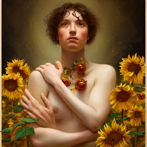 Image similar to highly detailed oil painting | very intricate | cinematic lighting | award - winning | the sunflower field | by roberto ferri, by tom bagshaw, by j. c. leyendecker and klimt, beautiful cinematic light, american romanticism, by austin osman spare, artstation, cgsociety, official art, octane