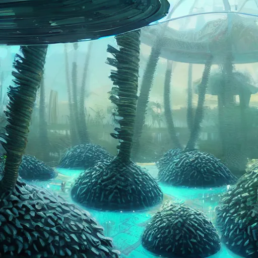 Image similar to underwater city wide angle kelp trees, retro futuristic, domes in the style of dinotopia, Yanjun Cheng and Hsiao-R