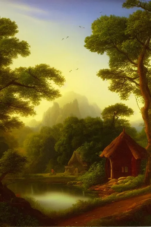 Image similar to fantasy landscape with cottage in a forest, calm serene atmosphere, in the style of hudson river school
