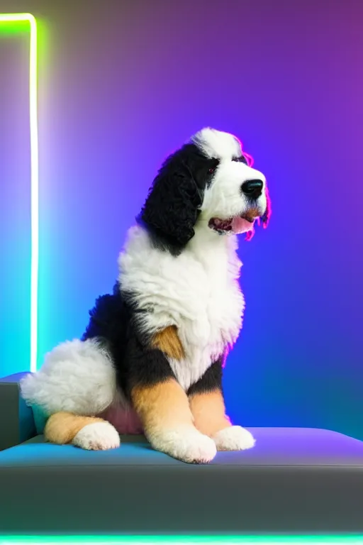 Image similar to a cute bernedoodle puppy sitting in a gaming chair + neon rgb light strips, large computer monitor, mountains in background!!!!!!!, vaporwave, dramatic, confident, rule of thirds, 4 k, award winning, octane render, volumetric lighting