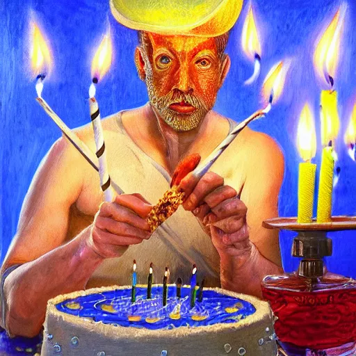 Image similar to intricate five star portrait of fish man blowing the candle at his birthday, oil on canvas, hdr, high detail, photo realistic, hyperrealism, matte finish, high contrast, 3 d depth, centered, masterpiece, grainy, muted colors, enhanced light effect, enhanced eye detail, artstationhd