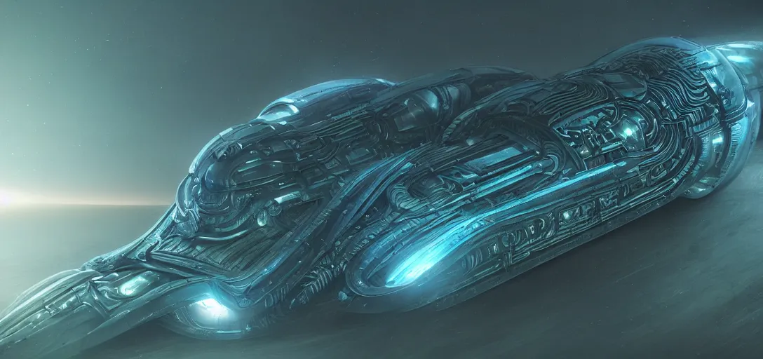Image similar to Dune spaceship by H.R. Giger, hyperreal, complete scene, ornate, details, smooth, sharp focus, illustration, realistic, cinematic, artstation, award winning, rgb, ethereal blue lighting, cyberpunk look, biomechanical mask. bio luminescent biomechanical, halo, jellyfish. , unreal engine, octane render, cinematic light, iridescent details, iridescent colors, dichroic, macro, depth of field, blur, 8K,